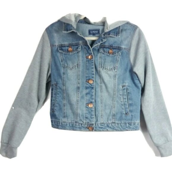 Juniors Ci Sono Hooded Jean Jacket Size Lg Blue Distressed Removable Hood - Picture 1 of 9